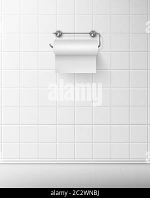 Toilet paper on metal roll holder hang on white ceramic tilled wall in modern bathroom, sanitary napkin in lavatory mockup background. Empty wc interi Stock Vector