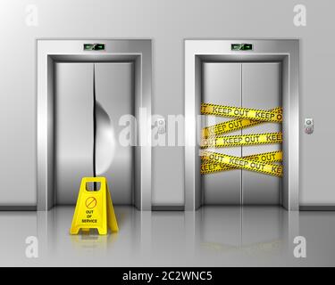 Broken elevators closed for repair or maintenance. Caution sign stand near lift damaged doors with dent, chrome metal doorway gate wrapped with warnin Stock Vector