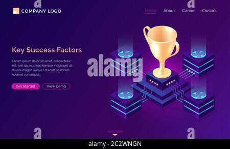 Key success factors, isometric business concept vector. Gold trophy cup on pedestal with traffic server connections, database neon icons on purple ban Stock Vector