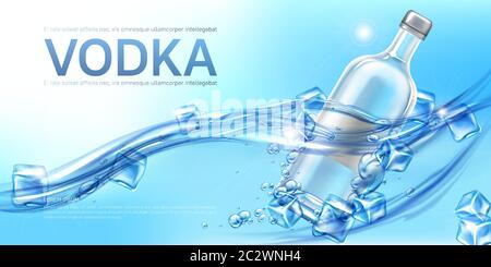 Vodka bottle with ice cubes floating in water mockup banner. Closed glass blank flask with strong alcohol drink on blue background, advertising promo Stock Vector