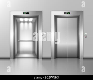 Lift doors, elevator close and open. Building hall interior with chrome metal gates, buttons and stage number panels, indoor transportation in house, Stock Vector