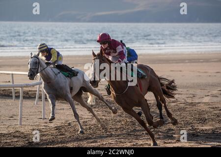 Rossbeigh Beach, Ireland - 25th August 2019: Horse racing on Rossbeigh Beach in County Kerry, Glenbeigh Festival & Races takes place  every year at th Stock Photo