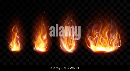 Realistic fire, torch flame set isolated on transparent background. Burning campfire or candle blaze effect, glow orange and yellow shining flare desi Stock Vector