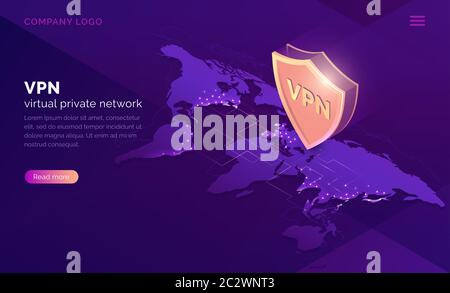 VPN, virtual private network isometric landing page. Data encryption, IP substitute, secure connection concept. Cyber security and privacy, personal i Stock Vector