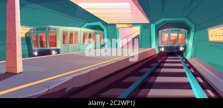 Metro station, arriving train to empty subway platform from underground tunnel. Vector cartoon illustration of subway interior with railway and public Stock Vector