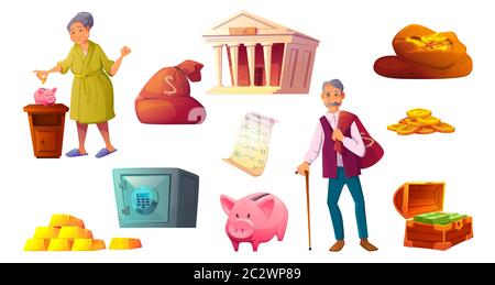 Pension fund, saving money cartoon icons vector illustration. Senior characters with their savings, pink piggy bank icon, bank building, safe deposit, Stock Vector