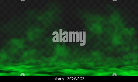 Green smog or fog clouds spreads on ground. Stink bad smell, smoke or poison gases. Vector realistic chemical toxic vapour soaring in air isolated on Stock Vector