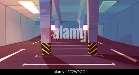 Underground car parking with vacant places and markup. Empty area for transport in building basement with columns and guiding arrows show way to exit, Stock Vector