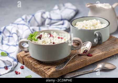 Organic farm cottage cheese in a ceramic bowl. Stock Photo