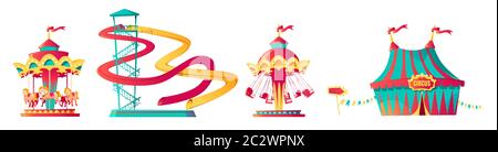 Amusement park, carnival or festive fair cartoon vector illustration. Circus tent arrow pointer, carousel, merry-go-round and waterslide, elements for Stock Vector