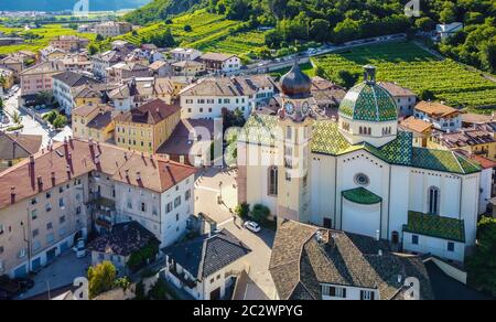 aerial view of the village of Mezzocorona in Trentino Alto Adige -  northern Italy: charming village in the heart of the Piana Rotaliana Königsberg Stock Photo