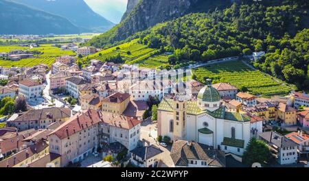 aerial view of the village of Mezzocorona in Trentino Alto Adige -  northern Italy: charming village in the heart of the Piana Rotaliana Königsberg Stock Photo