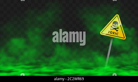 Warning sign in toxic green smoke or fog clouds. Vector realistic yellow triangle danger symbol with skull and crossbones and poison vapour spreading Stock Vector