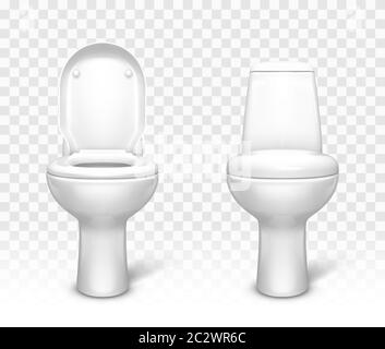 Toilet with seat set. White ceramic lavatory bowl with closed and open lid front view mockup template for interior design isolated on transparent back Stock Vector