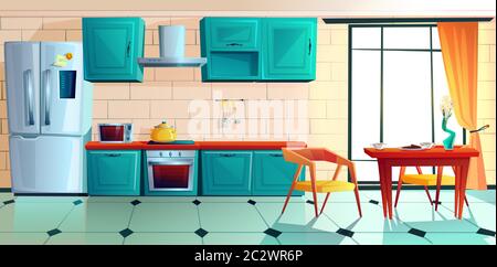 Home kitchen, empty interior with appliances for cooking and furniture, served table near large window, oven, range hood, refrigerator and utensil. Co Stock Vector