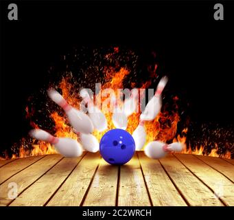 Illustration of spread skittles in the fire and bowling ball on wooden floor Stock Photo