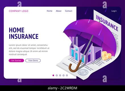 Property insurance isometric landing page. Real estate building stand under huge umbrella on signed policy document with money coins. Home accident pr Stock Vector