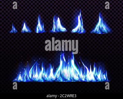 Realistic blue fire set for animation, torch flame isolated on transparent background. Burning blaze effect, glowing shining flare border or frame des Stock Vector