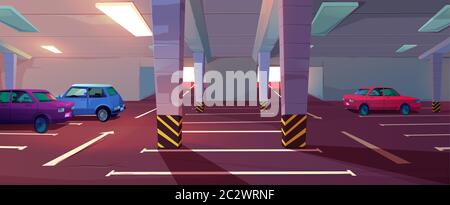 Underground car parking. Basement garage with lots for automobiles, columns, road marking and guiding arrows in corridor. Vector cartoon interior of p Stock Vector