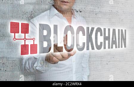 Blockchain with Matrix and Businessman Concept. Stock Photo