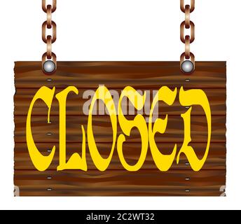 A hanging wooden closed sign isolated against a white background. Stock Photo