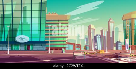 Road works on city street, repair big hole in asphalt. Crossway with pit under construction. Vector cartoon illustration of cracked road closed by bar Stock Vector