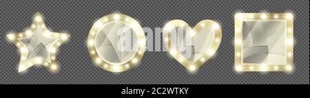 Broken makeup mirrors in gold frame with light bulbs. Vector realistic round, square, heart and star shape mirrors for dressing room with cracked glas Stock Vector