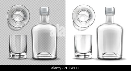 Download Bottle And Shot Glass Side And Top View Set Empty Blank Flask For Alcohol Drink Design Template Mockup Isolated On Transparent And White Background Stock Vector Image Art Alamy