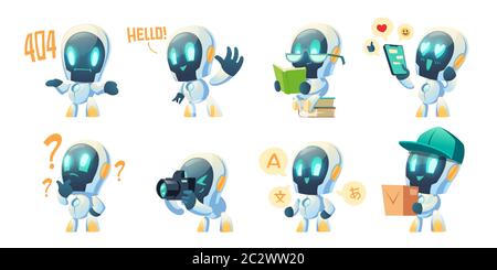 Cute chat bot cartoon vector set illustration. White funny smart conversation robot, assistant make hand gesture waving hello, 404 error message and t Stock Vector