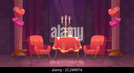 Romantic dinner in Valentines day for couple. Vector cartoon illustration of restaurant room flowers and candles on round table with red cloth, armcha Stock Vector