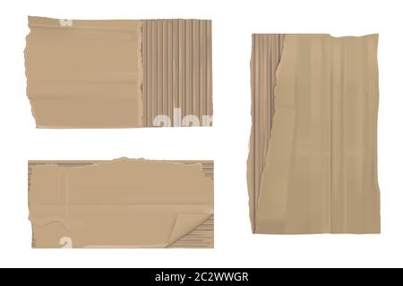 Torn cardboard paper set. Brown ragged ripped sheets pieces with corrugated texture isolated on white background, edge blank mock up for ads design. R Stock Vector