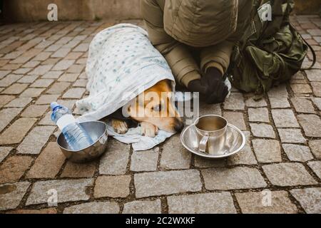 Social theme. A beggar beggar begging with a dog wrapped in a blanket to ask for help in the city of Prague is winter cold. Empt Stock Photo