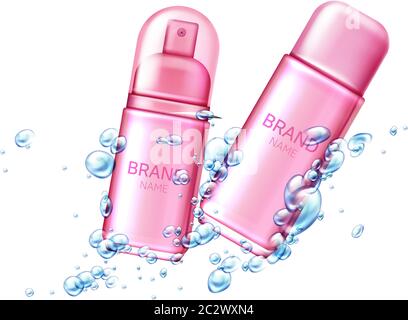 Spray deodorant in aluminum aerosol can with air bubbles or water drops vector realistic cosmetic product, Antiperspirant in pink metal bottles with p Stock Vector
