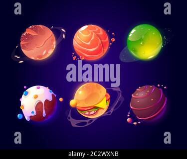Food planets in outer space. Vector cartoon funny set of spheres with donut, jelly, chocolate candy, burger and salmon texture. Comic set of fantasy t Stock Vector