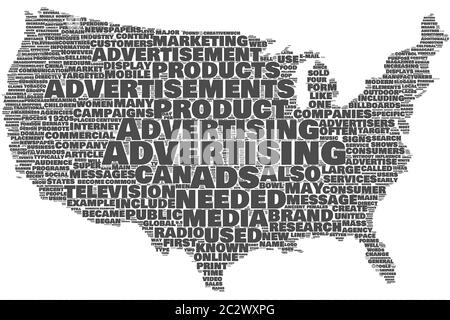 Advertising United States map word cloud on the isolated background Stock Photo