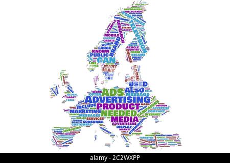 Advertising colors Europe map word cloud on the isolated background Stock Photo
