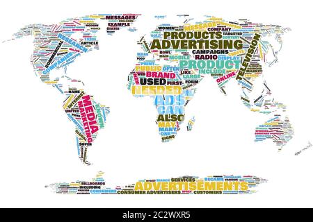Advertising world colors map word cloud on the isolated background Stock Photo