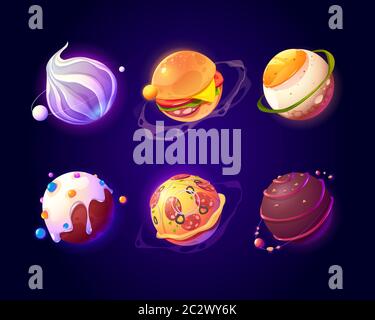Food planets in outer space. Vector cartoon funny set of spheres with donut, pizza, chocolate candy, burger and fried egg texture. Comic set of fantas Stock Vector