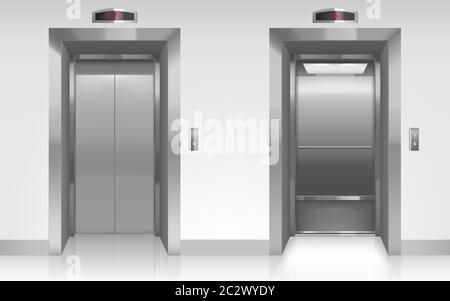 Open and closed elevator doors in office hallway. Vector realistic empty modern interior with lift, metal panel with buttons and floor display on wall Stock Vector