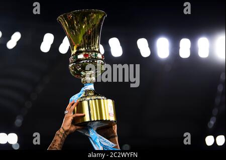 Rome, Italy - 17 June, 2020: The Coppa Italia (Italian Cup) trophy is lifted during the awards ceremony at end of the Coppa Italia final football match between SSC Napoli and Juventus FC. SSC Napoli won 4-2 over Juventus FC after penalty kicks, regular time ended 0-0. Credit: Nicolò Campo/Alamy Live News Stock Photo