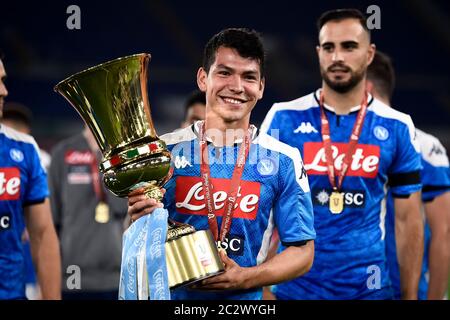 Rome, Italy - 17 June, 2020: Hirving Lozano of SSC Napoli celebrates with the trophy during the awards ceremony at end of the Coppa Italia final football match between SSC Napoli and Juventus FC. SSC Napoli won 4-2 over Juventus FC after penalty kicks, regular time ended 0-0. Credit: Nicolò Campo/Alamy Live News Stock Photo