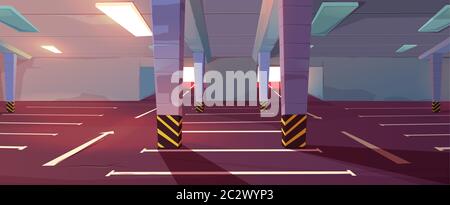 Underground car parking. Empty basement garage with columns, road marking lots for automobiles and guiding arrows in corridor. Vector cartoon interior Stock Vector