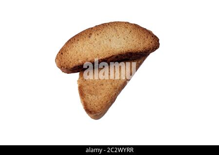 two slices rye bread croutons. Isolated on a white background. Stock Photo