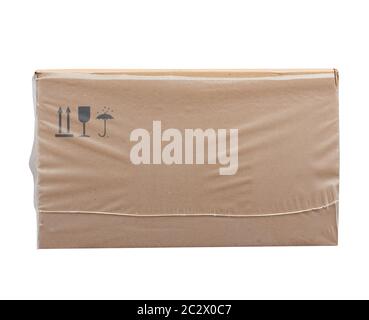 rectangular box wrapped in transparent polyethylene, box for transporting bottles, side view Stock Photo
