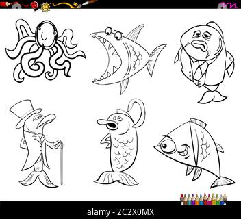 cartoon sea life animals coloring book page Stock Photo