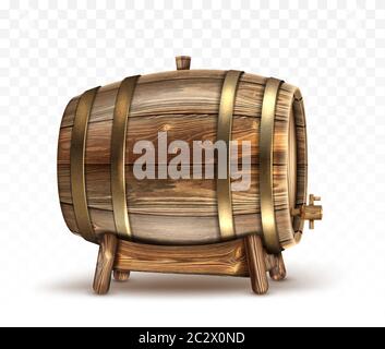 Wooden barrel for wine, beer or whiskey. Realistic cask from oak wood with copper or iron rings, stopper and tap, keg for rum or cognac isolated on tr Stock Vector