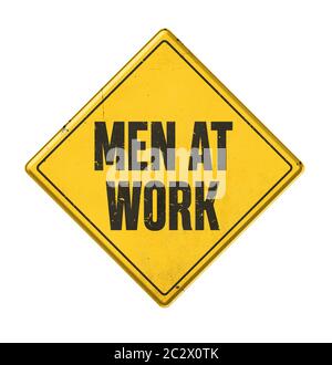 Work Sign Yellow Color Men at Work Metal Sign Stock Photo - Alamy