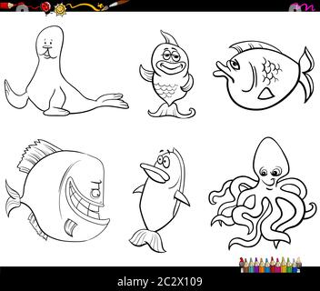 cartoon sea life animal characters coloring book page Stock Photo