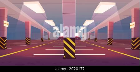 Underground car parking. Empty basement garage with road marking lots for automobiles, guiding arrows on road and columns to entrance. Vector cartoon Stock Vector