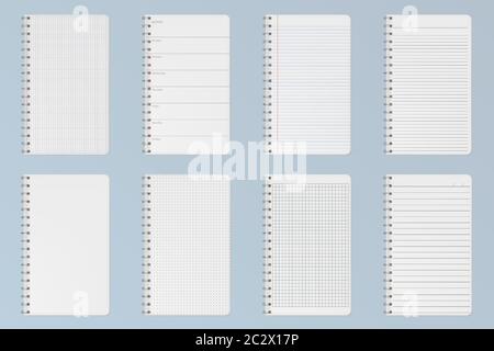 Notebooks sheets set. Lined, checkered and dots pages for memo pads and daily planner template notepad empty paper with binder iron spiral isolated on Stock Vector